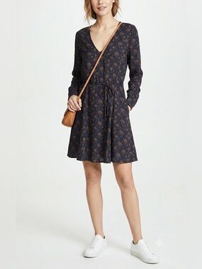 Long-Sleeve Navy Floral V-Neck Dress